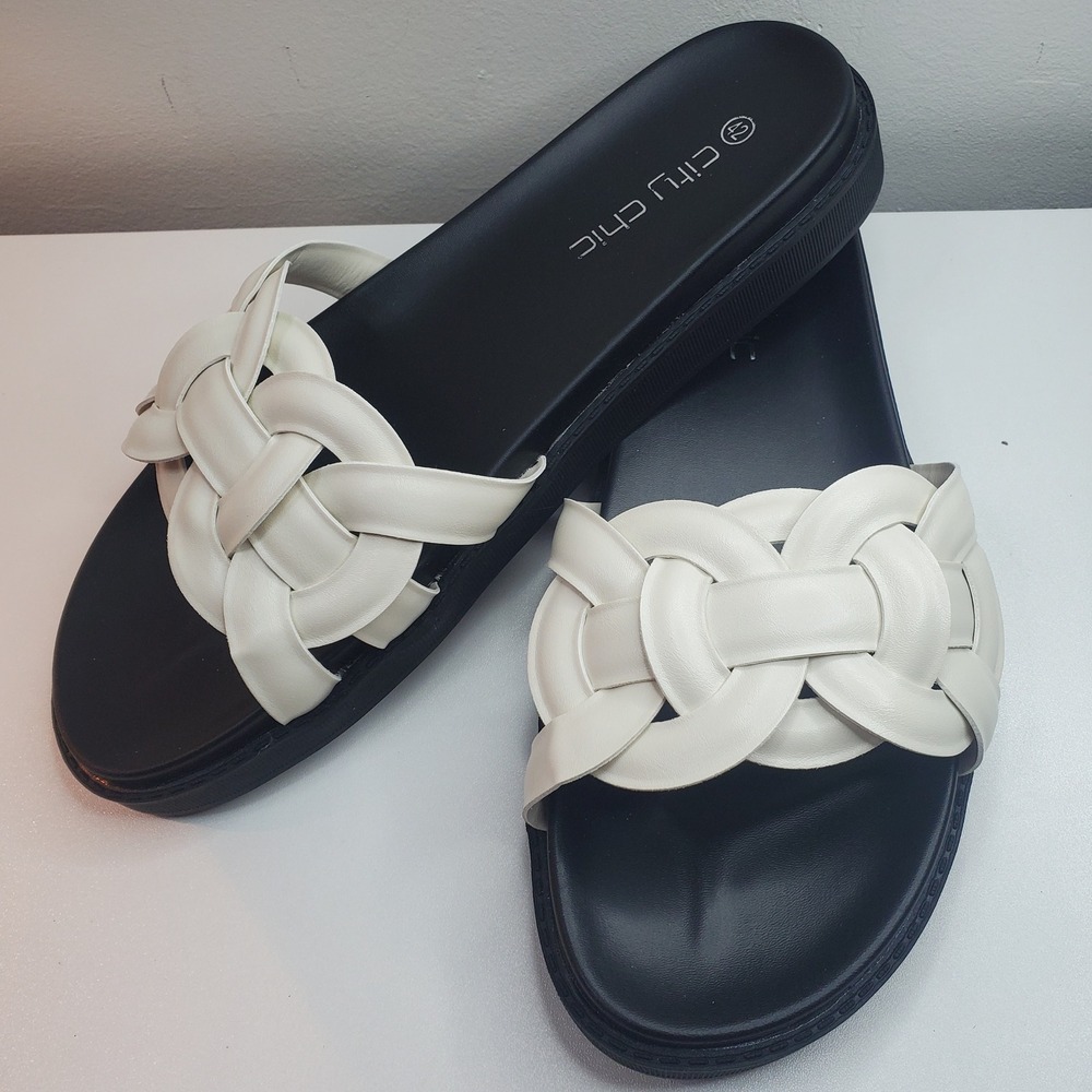 City Chic Slide Star Weave Cream Black Woven Strap Sandals Womens 11W EU 42